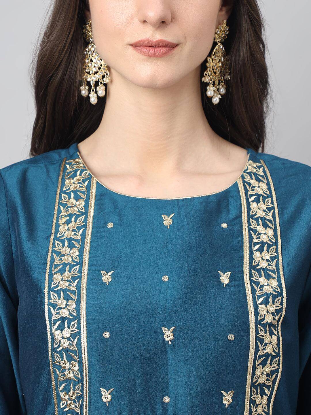 Women's Teal Chinon Solid Kurta With Pant And Dupatta