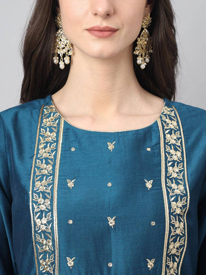 Women's Teal Chinon Solid Kurta With Pant And Dupatta