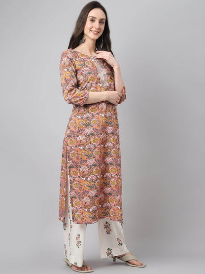 Women's Pink Cotton Floral Print Kurta With Palazzo And Dupatta
