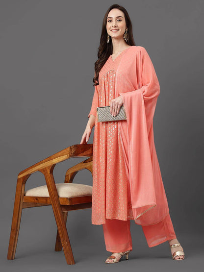 Peach Georgette Foil Print Kurta With Palazzo And Dupatta