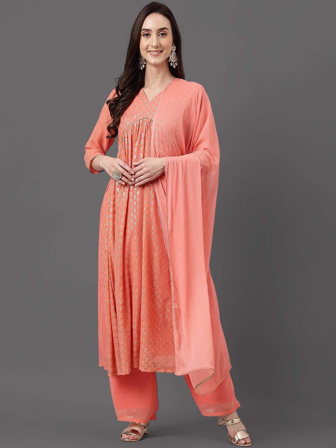 Peach Georgette Foil Print Kurta With Palazzo And Dupatta
