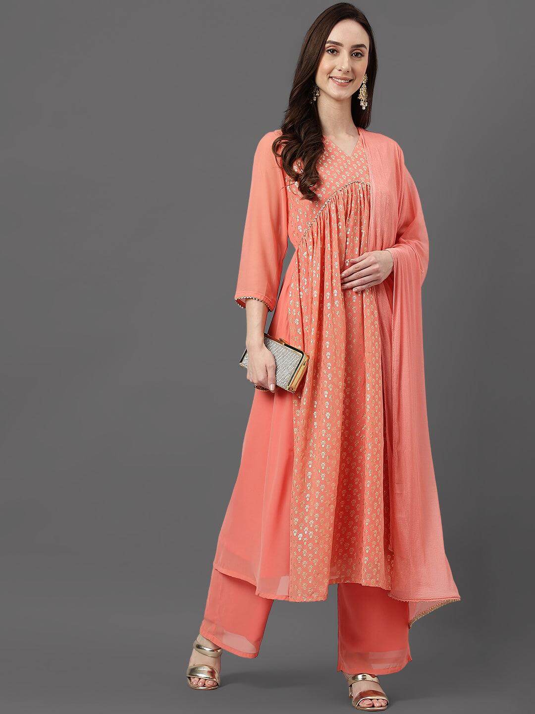 Peach Georgette Foil Print Kurta With Palazzo And Dupatta