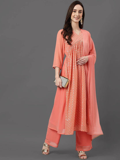Peach Georgette Foil Print Kurta With Palazzo And Dupatta