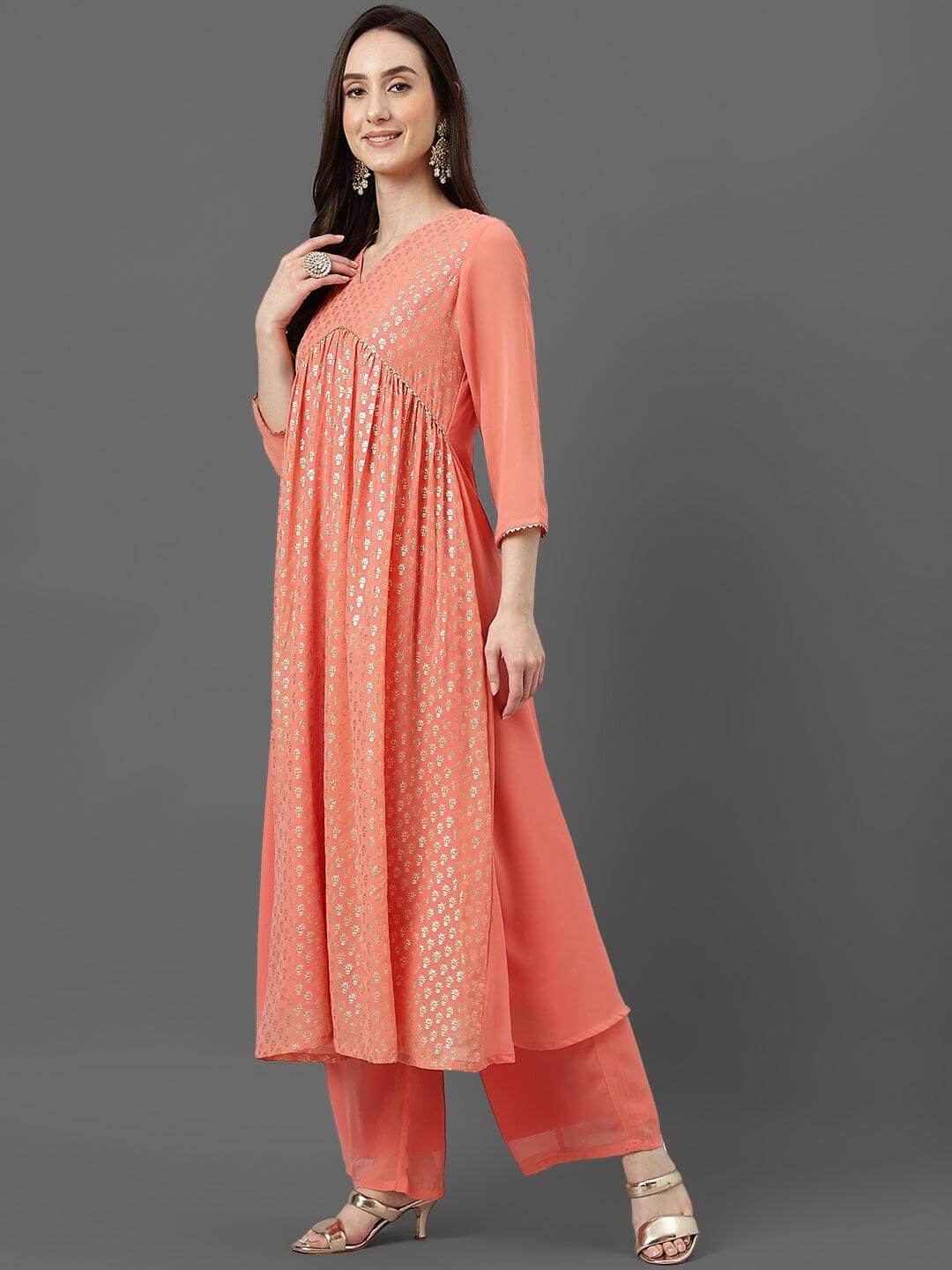 Peach Georgette Foil Print Kurta With Palazzo And Dupatta