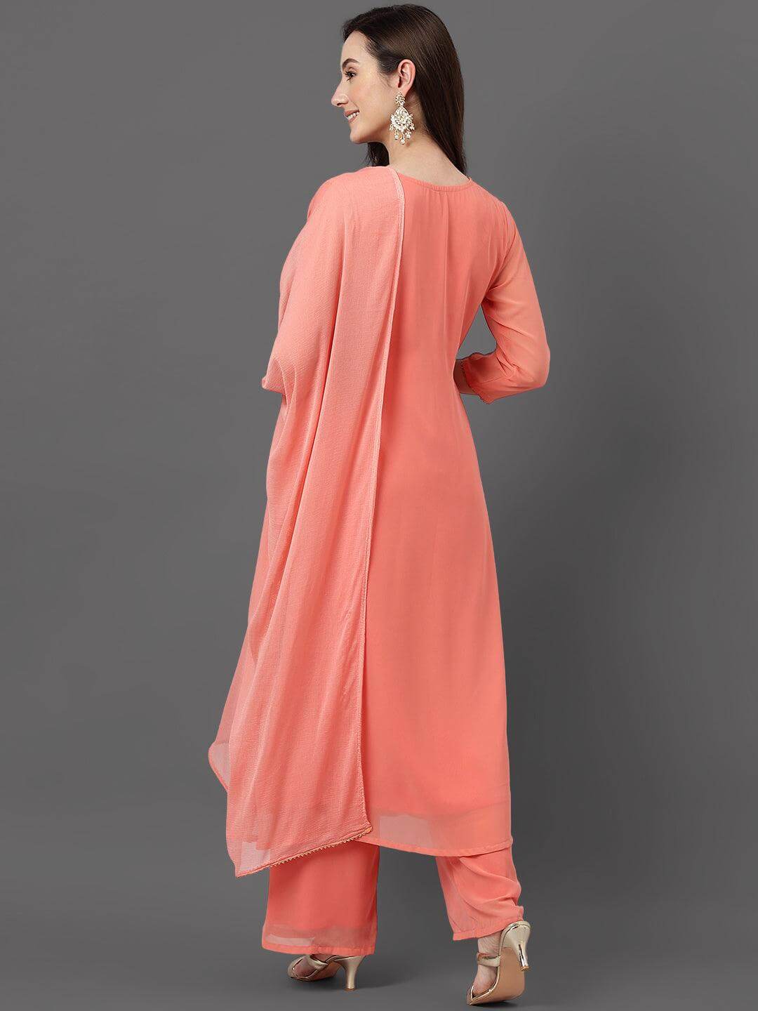 Peach Georgette Foil Print Kurta With Palazzo And Dupatta