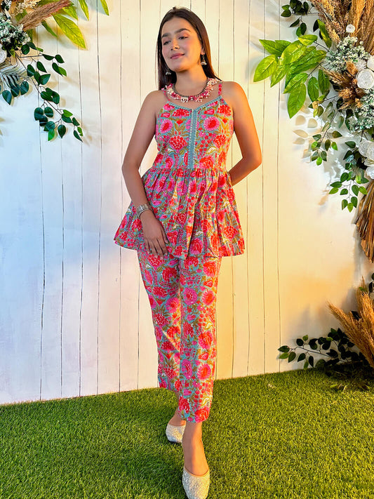 Multicolor Cotton Floral Printed Top With Pant