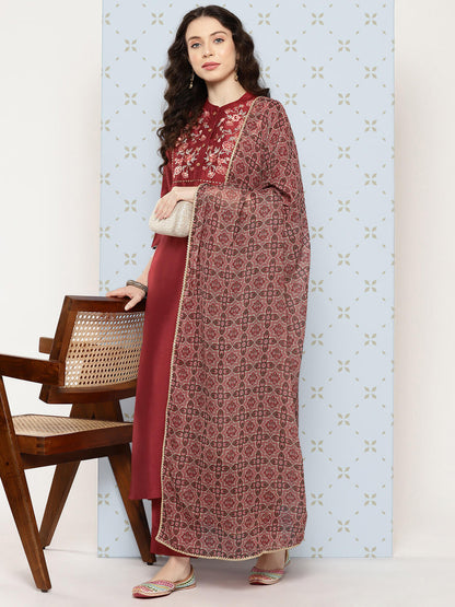 Maroon Crepe Silk Yoke Embroidered Kurta With Pant And Dupatta