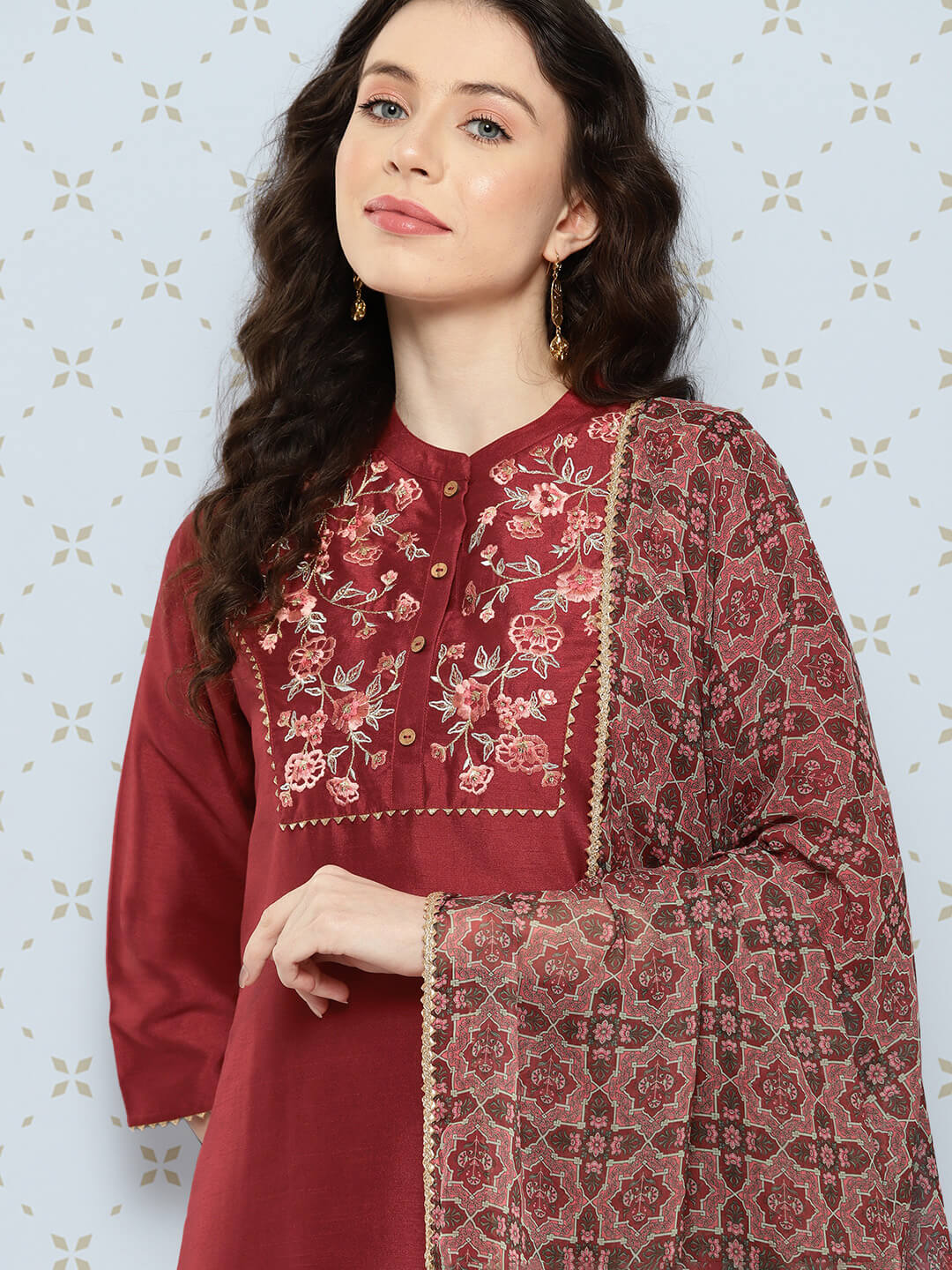 Maroon Crepe Silk Yoke Embroidered Kurta With Pant And Dupatta