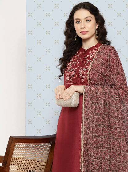 Maroon Crepe Silk Yoke Embroidered Kurta With Pant And Dupatta