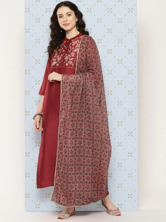 Maroon Crepe Silk Yoke Embroidered Kurta With Pant And Dupatta