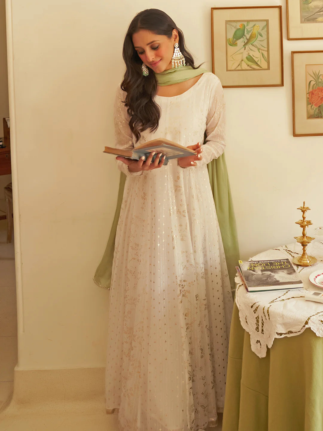 White Chiffon Lurex Foil Printed Kurta And Dupatta