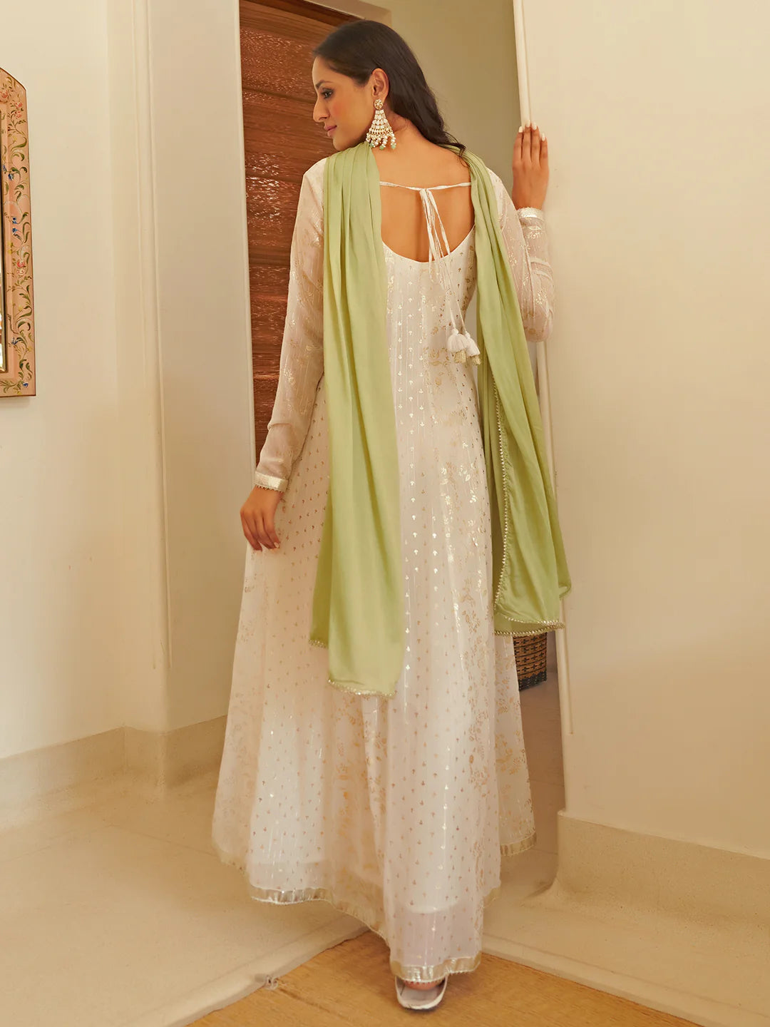 White Chiffon Lurex Foil Printed Kurta And Dupatta