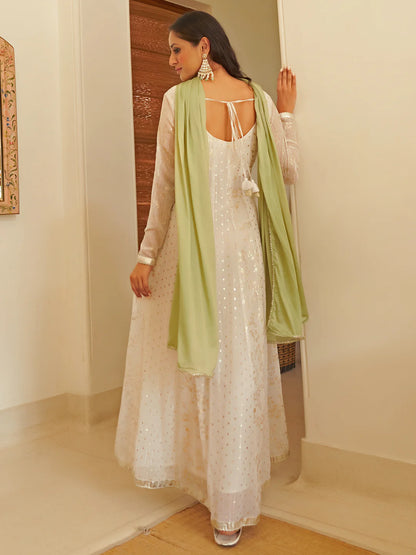 White Chiffon Lurex Foil Printed Kurta And Dupatta