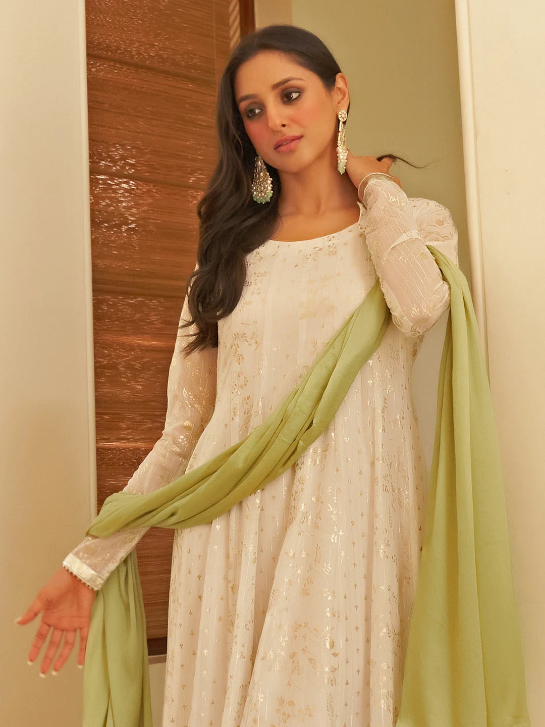 White Chiffon Lurex Foil Printed Kurta And Dupatta