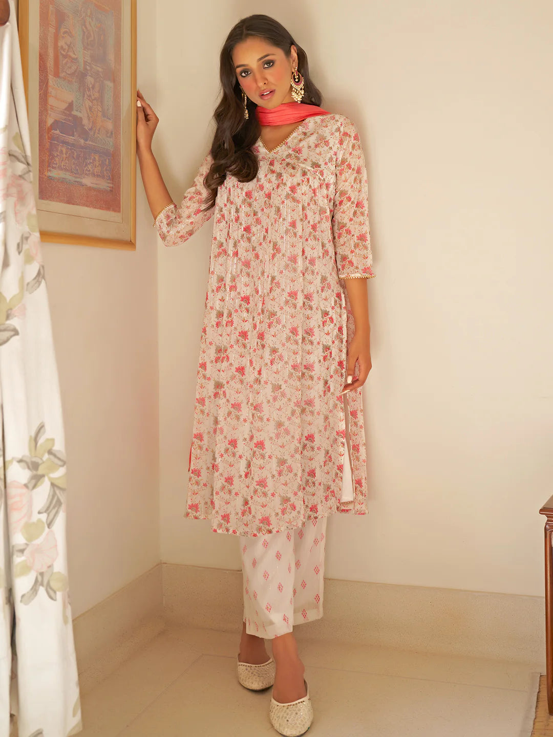 White Chiffon Lurex Floral Printed Kurta With Palazzo And Dupatta