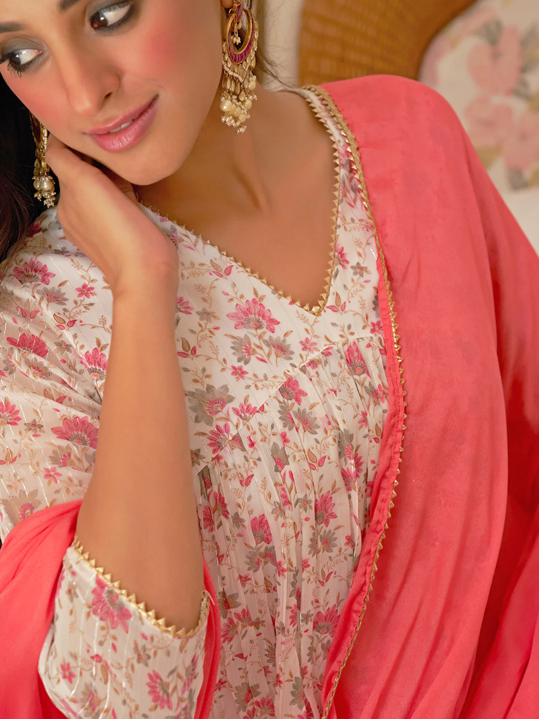 White Chiffon Lurex Floral Printed Kurta With Palazzo And Dupatta