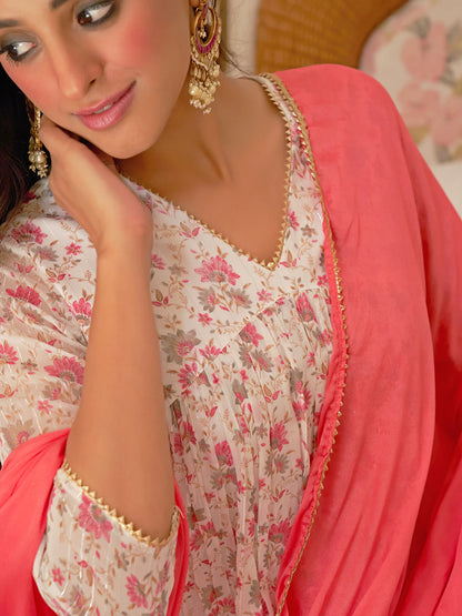 White Chiffon Lurex Floral Printed Kurta With Palazzo And Dupatta