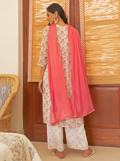 White Chiffon Lurex Floral Printed Kurta With Palazzo And Dupatta