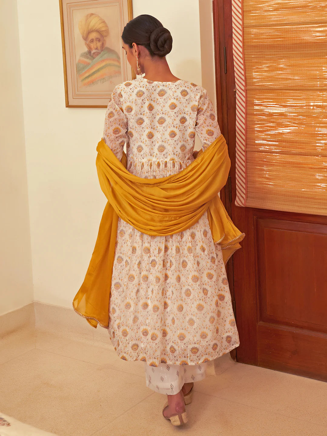 White Chiffon Lurex Floral Printed Kurta With Palazzo And Dupatta
