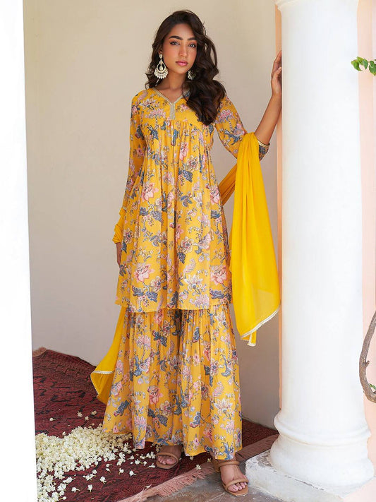 Silae Women's Yellow Georgette Digital Floral Printed Kurta With Sharara And Dupatta