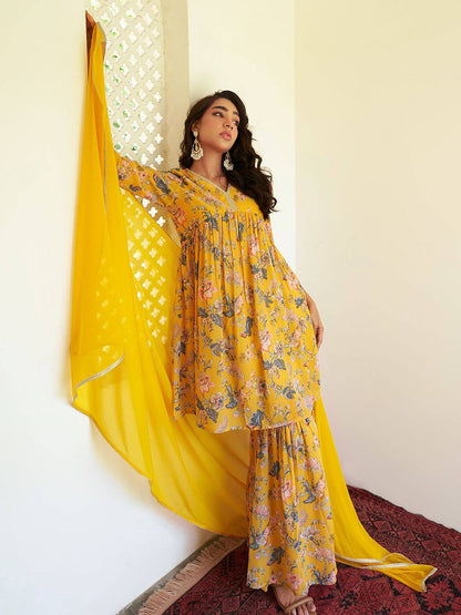 Silae Women's Yellow Georgette Digital Floral Printed Kurta With Sharara And Dupatta