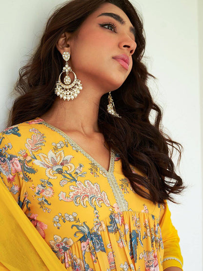 Silae Women's Yellow Georgette Digital Floral Printed Kurta With Sharara And Dupatta