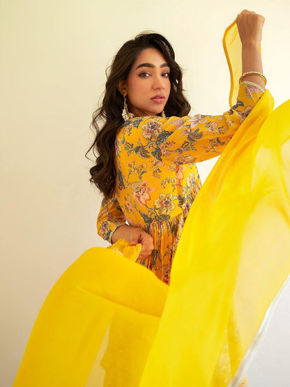 Silae Women's Yellow Georgette Digital Floral Printed Kurta With Sharara And Dupatta