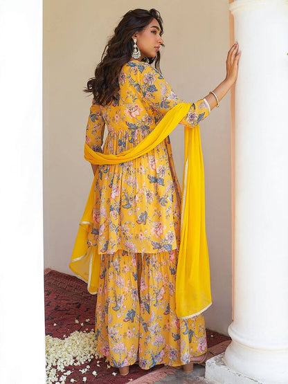 Silae Women's Yellow Georgette Digital Floral Printed Kurta With Sharara And Dupatta