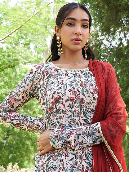 Women's Beige Georgette Digital Floral Printed Kurta With Palazzo And Dupatta