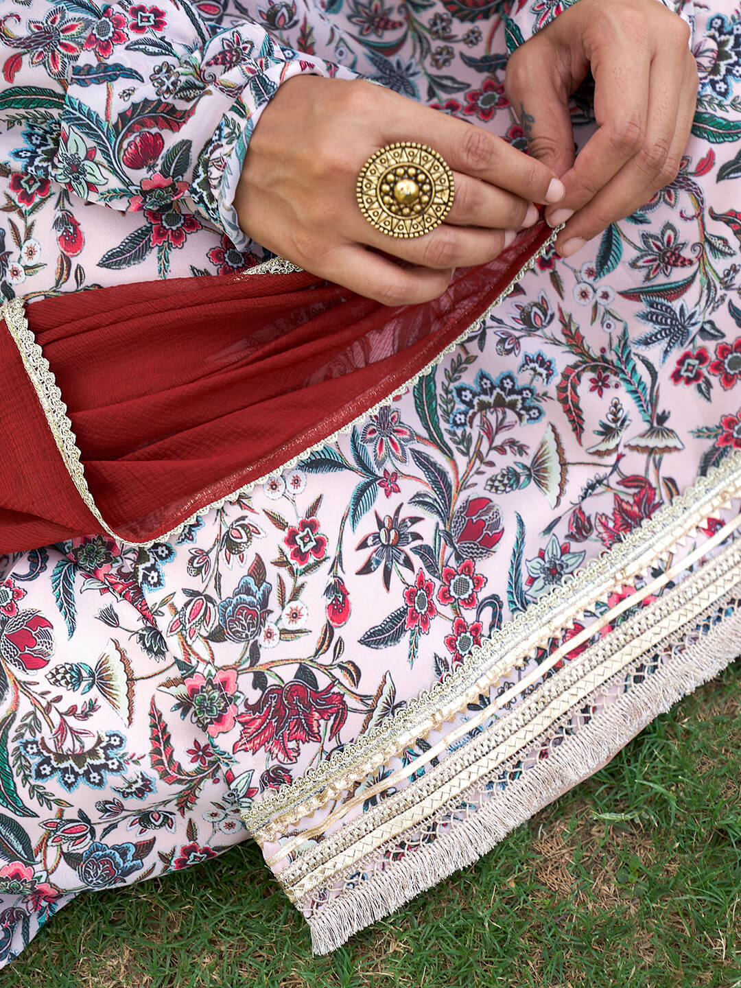 Women's Beige Georgette Digital Floral Printed Kurta With Palazzo And Dupatta