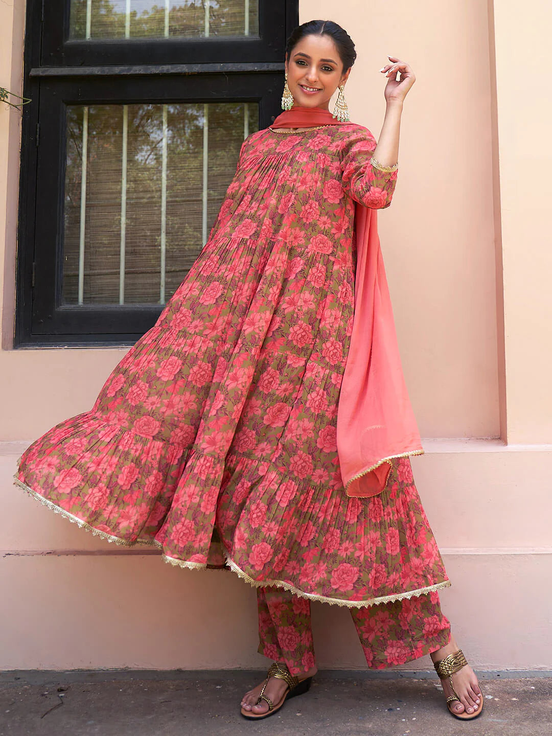 Women's Olive Georgette Digital Floral Printed Kurta With Palazzo And Dupatta