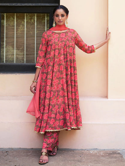 Women's Olive Georgette Digital Floral Printed Kurta With Palazzo And Dupatta