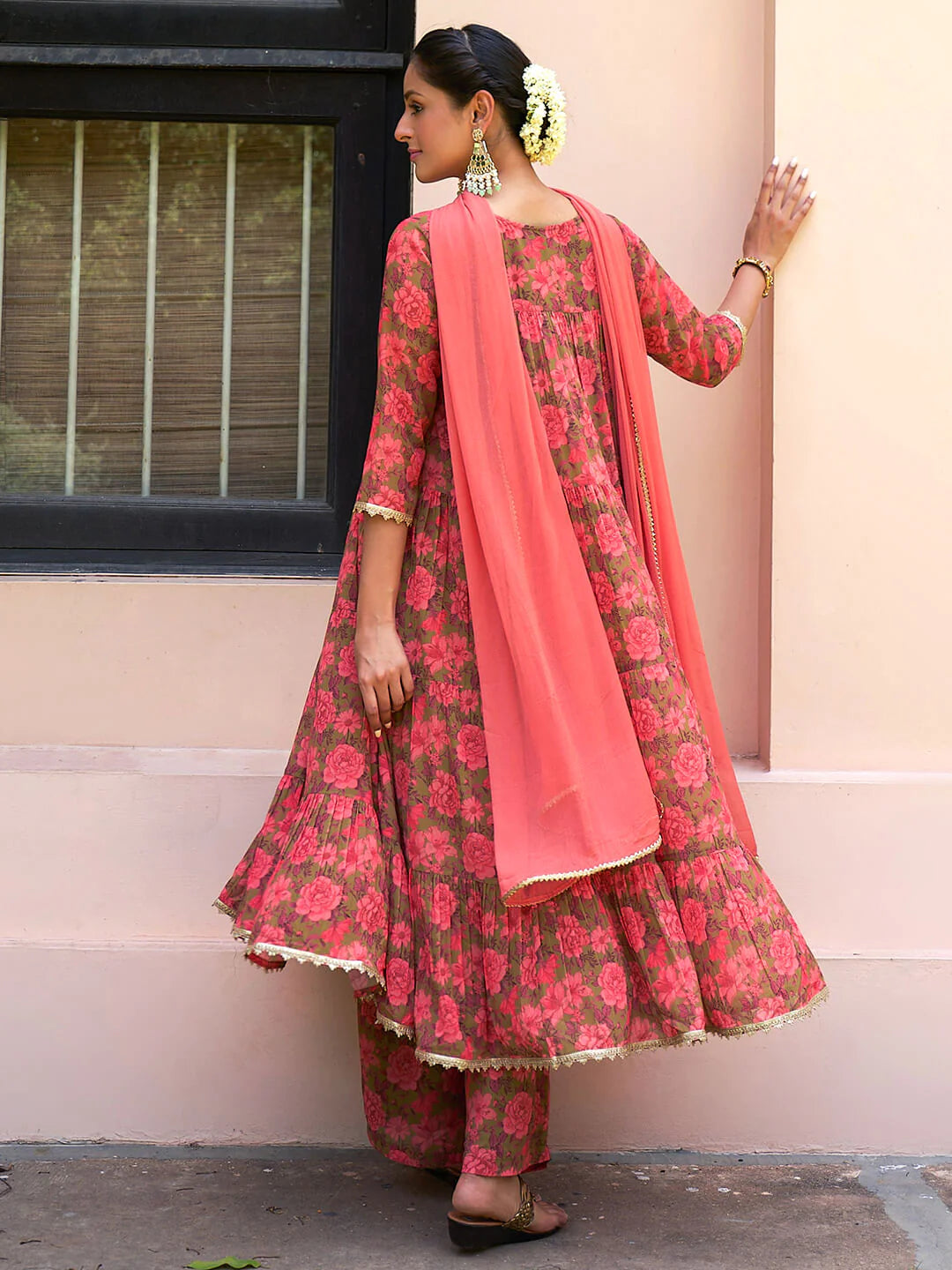 Women's Olive Georgette Digital Floral Printed Kurta With Palazzo And Dupatta