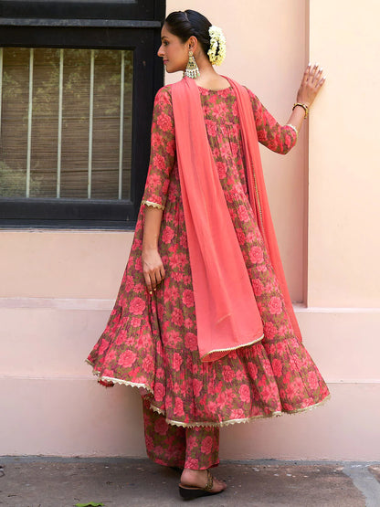 Women's Olive Georgette Digital Floral Printed Kurta With Palazzo And Dupatta