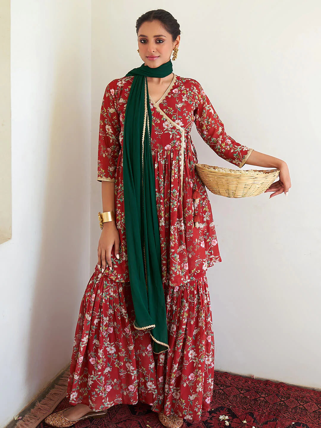 Women's Maroon Georgette Digital Floral Printed Short Kurta With Sharara And Dupatta