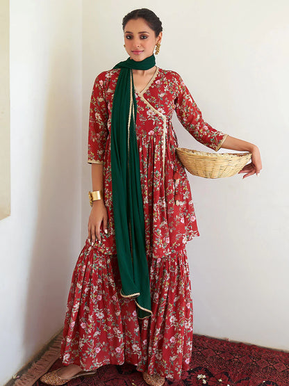 Women's Maroon Georgette Digital Floral Printed Short Kurta With Sharara And Dupatta