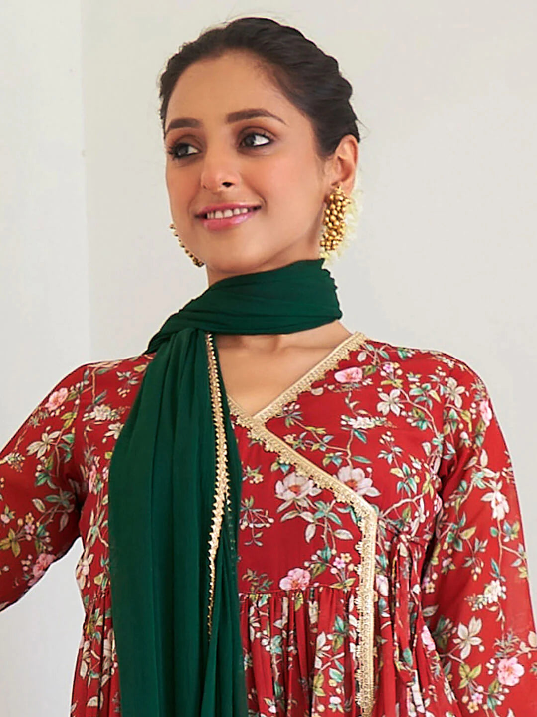 Women's Maroon Georgette Digital Floral Printed Short Kurta With Sharara And Dupatta