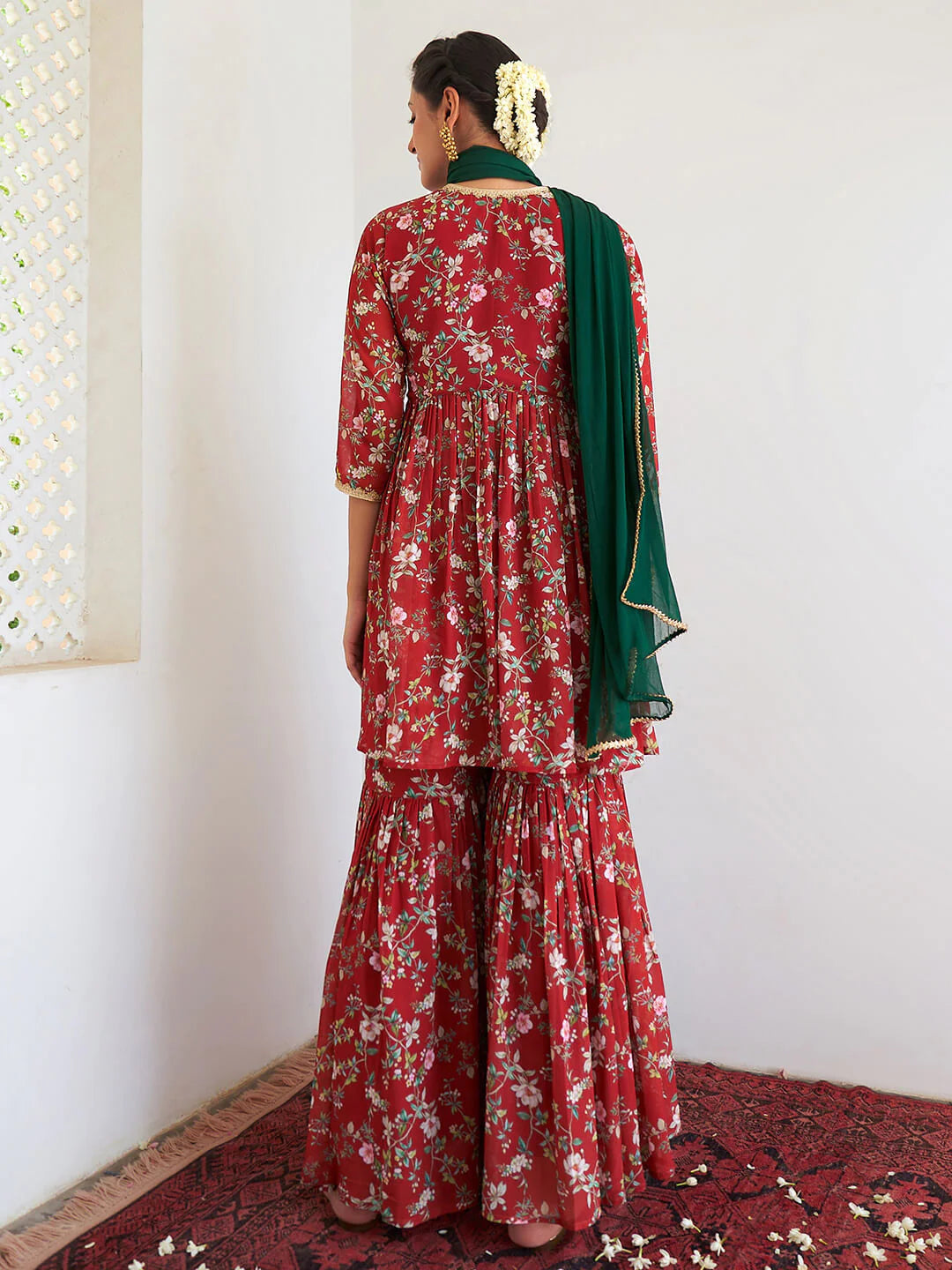 Women's Maroon Georgette Digital Floral Printed Short Kurta With Sharara And Dupatta