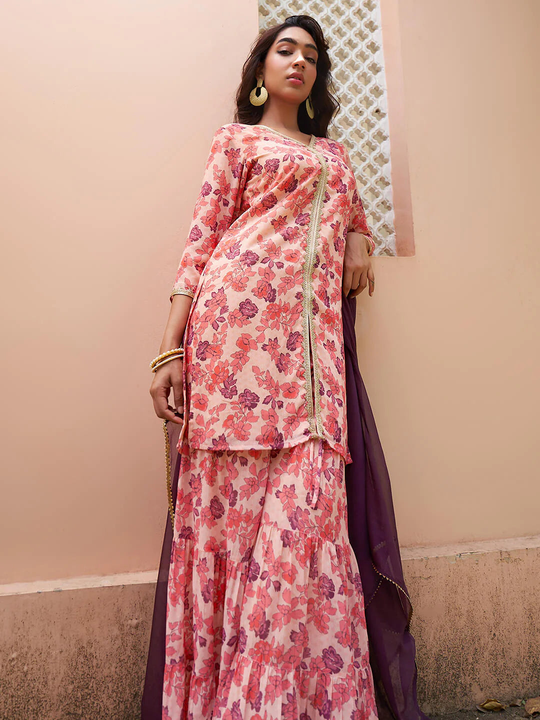 Women's Peach Georgette Digital Floral Printed Kurta With Sharara And Dupatta
