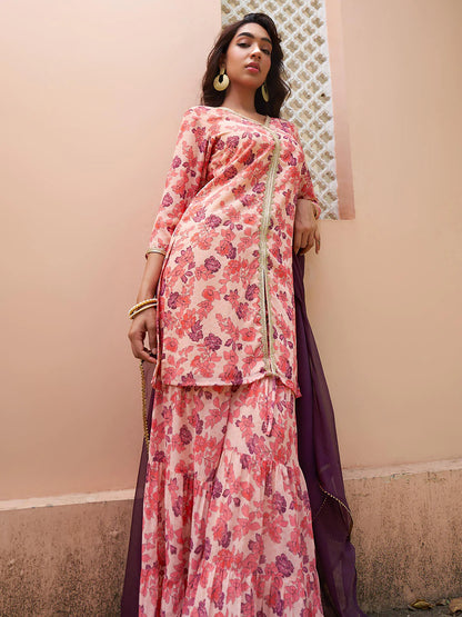 Women's Peach Georgette Digital Floral Printed Kurta With Sharara And Dupatta