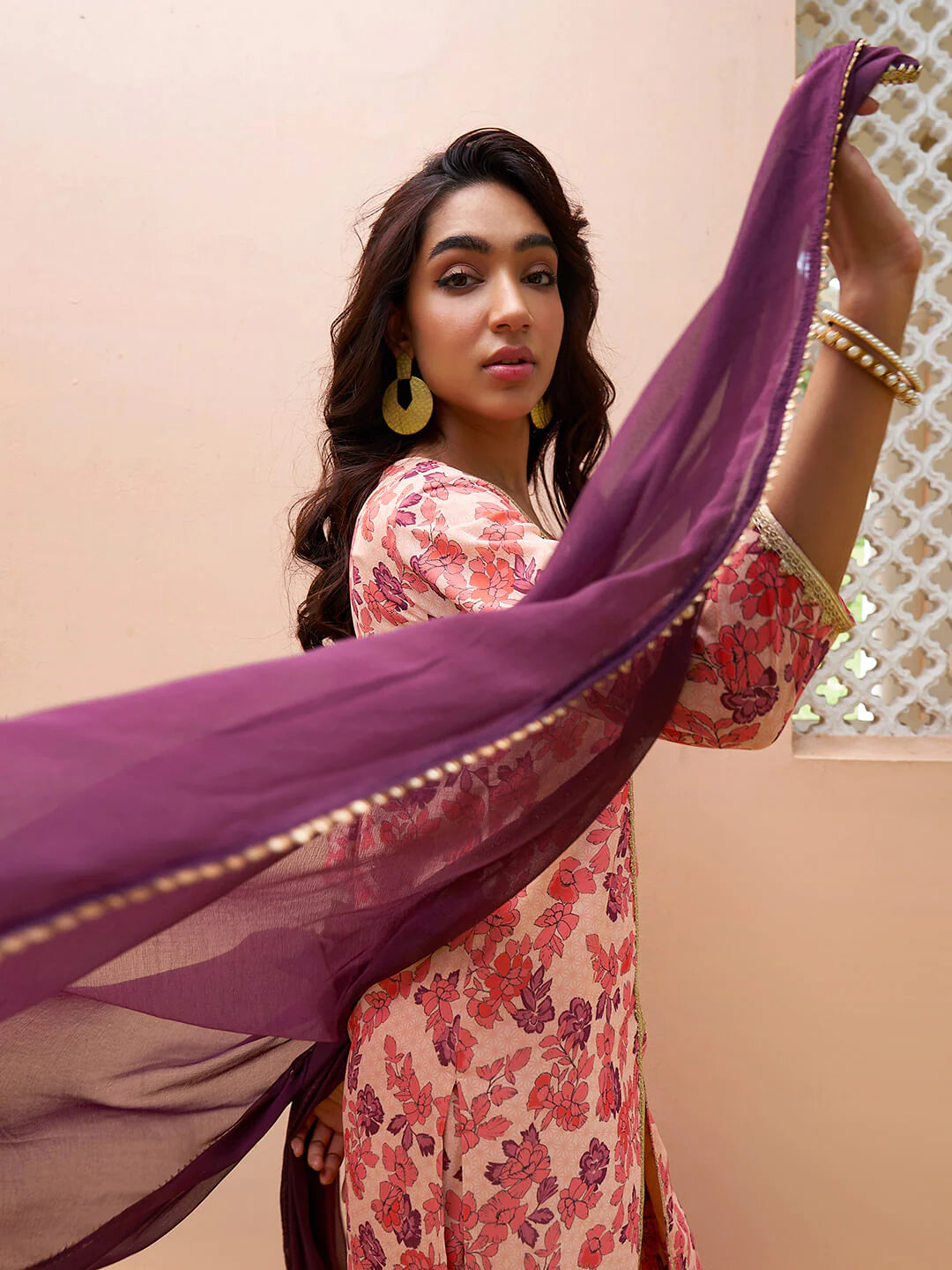 Women's Peach Georgette Digital Floral Printed Kurta With Sharara And Dupatta
