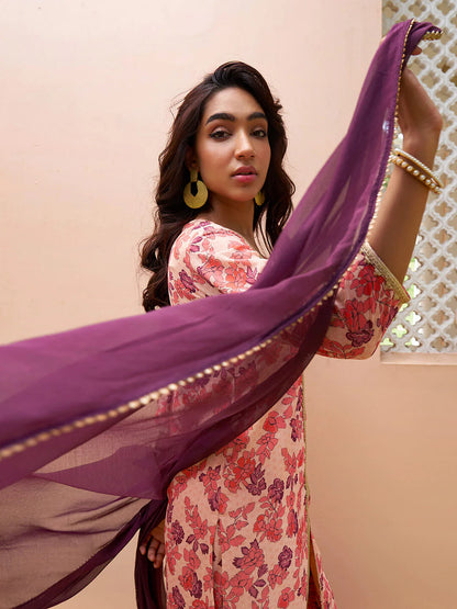 Women's Peach Georgette Digital Floral Printed Kurta With Sharara And Dupatta