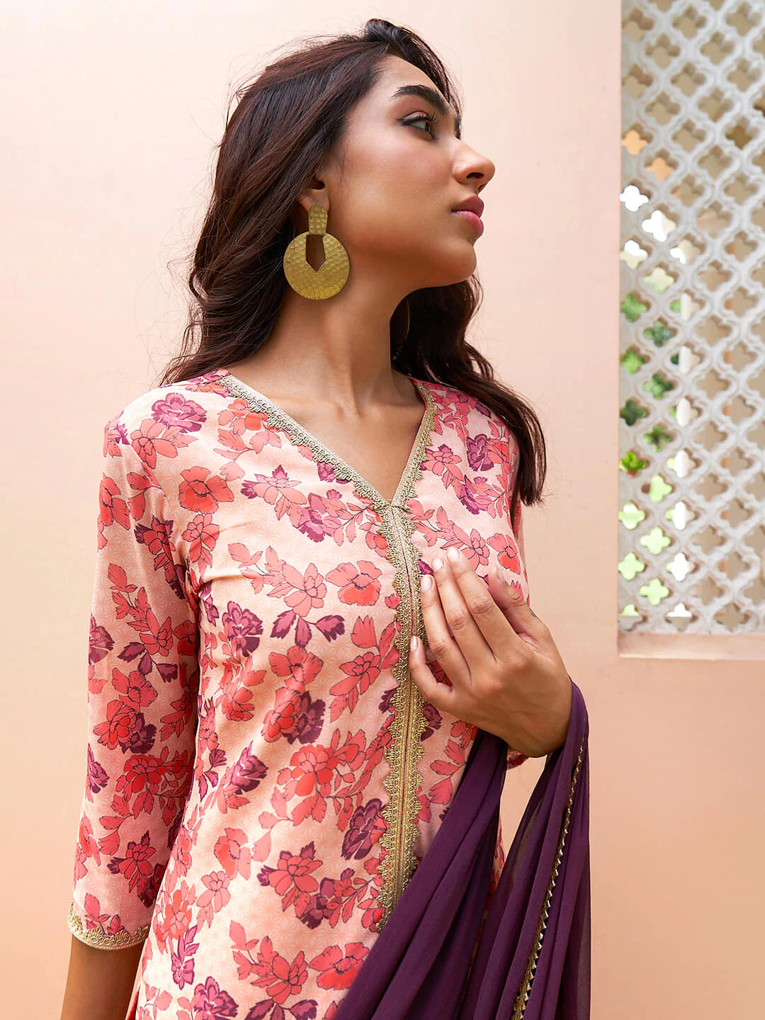Women's Peach Georgette Digital Floral Printed Kurta With Sharara And Dupatta