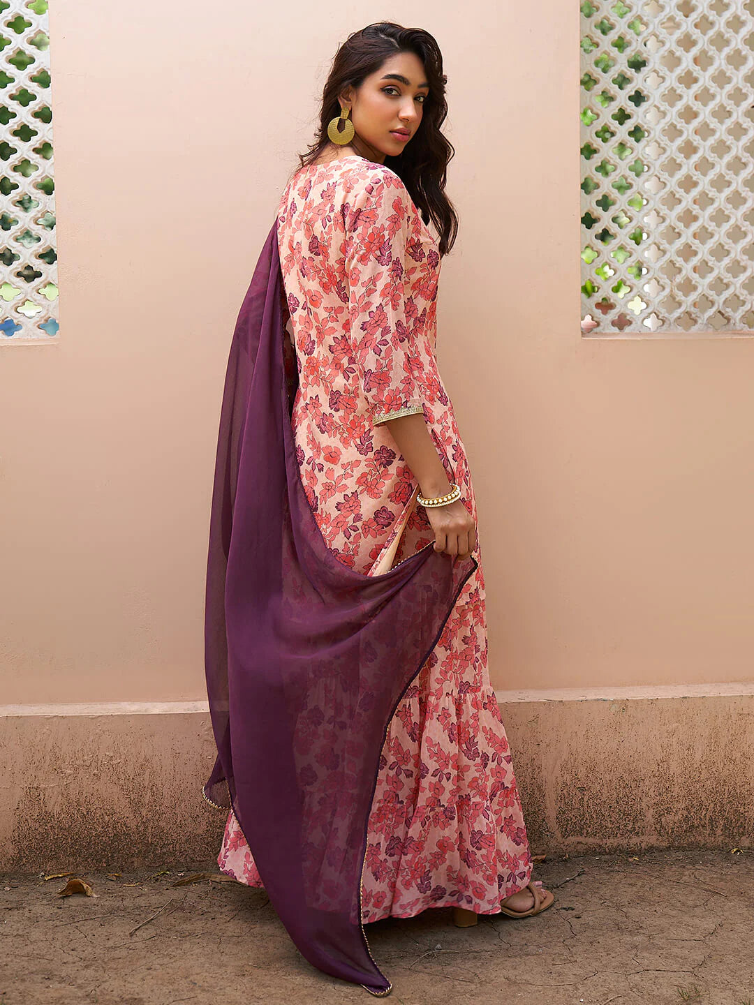 Women's Peach Georgette Digital Floral Printed Kurta With Sharara And Dupatta