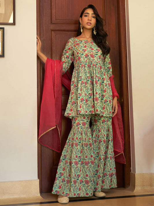 Light Green Cotton Floral Printed Short Kurta With Sharara And Dupatta