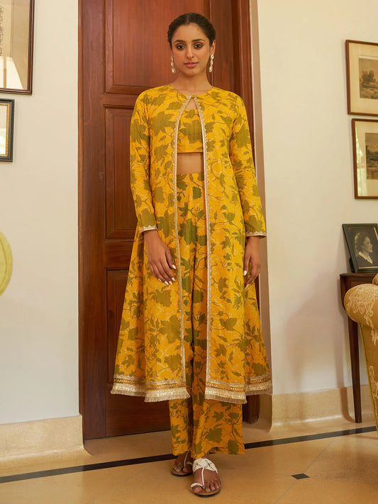 Mustard Cotton Floral Printed Crop Top With Straight Pant And Jacket
