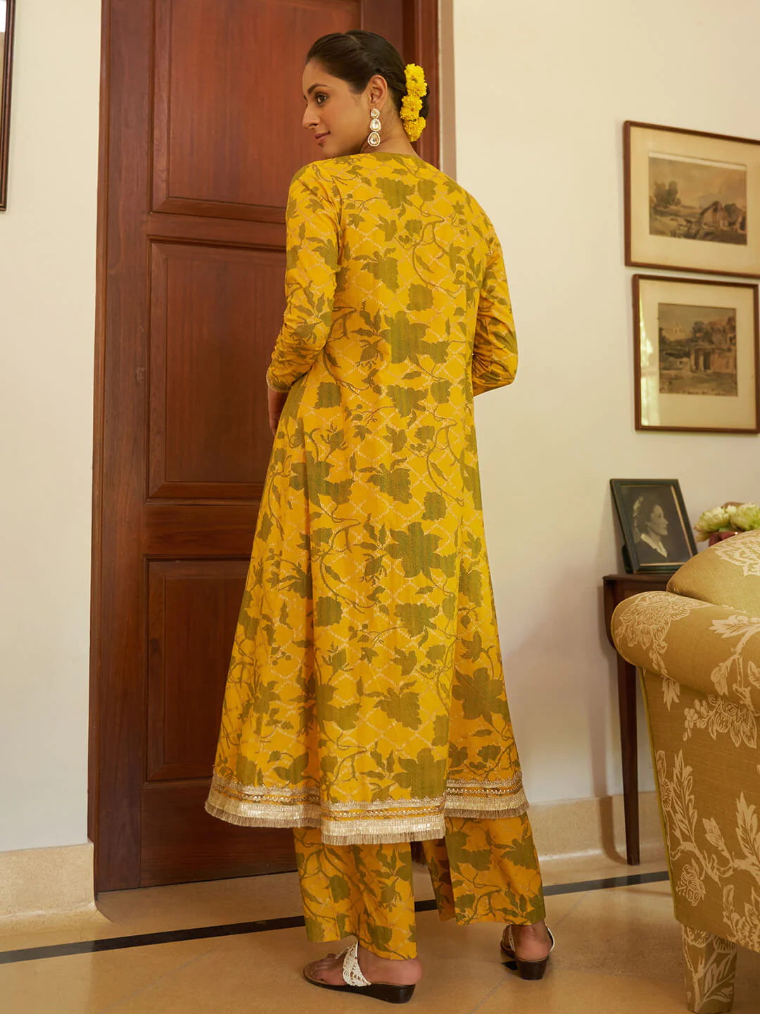 Mustard Cotton Floral Printed Crop Top With Straight Pant And Jacket Silae
