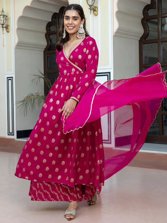 Pink Brocade Woven Design Kurta With Palazzo And Dupatta