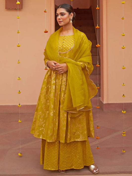 Yellow Brocade Woven Design Kurta With Palazzo And Dupatta