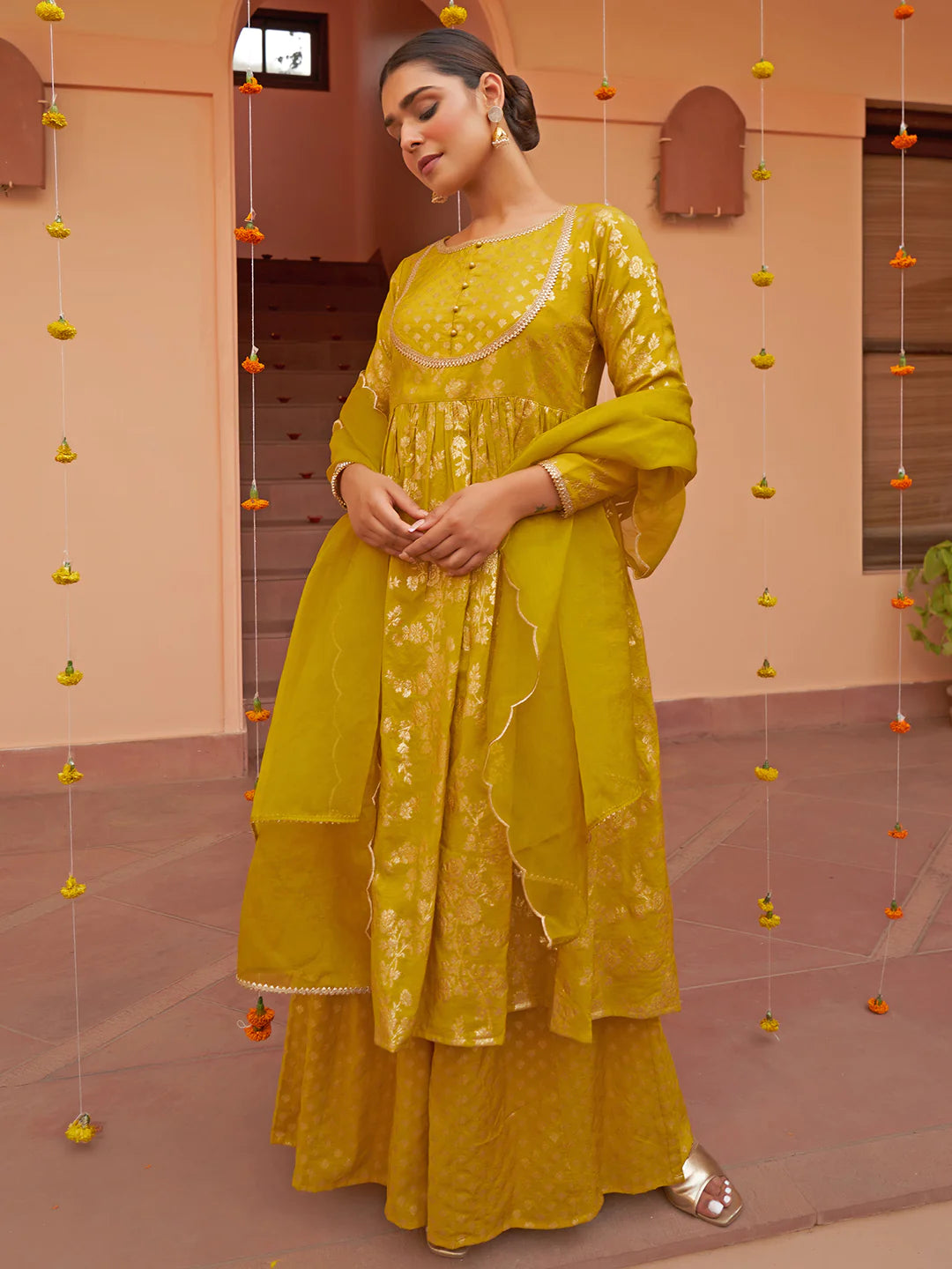 Yellow Brocade Woven Design Kurta With Palazzo And Dupatta